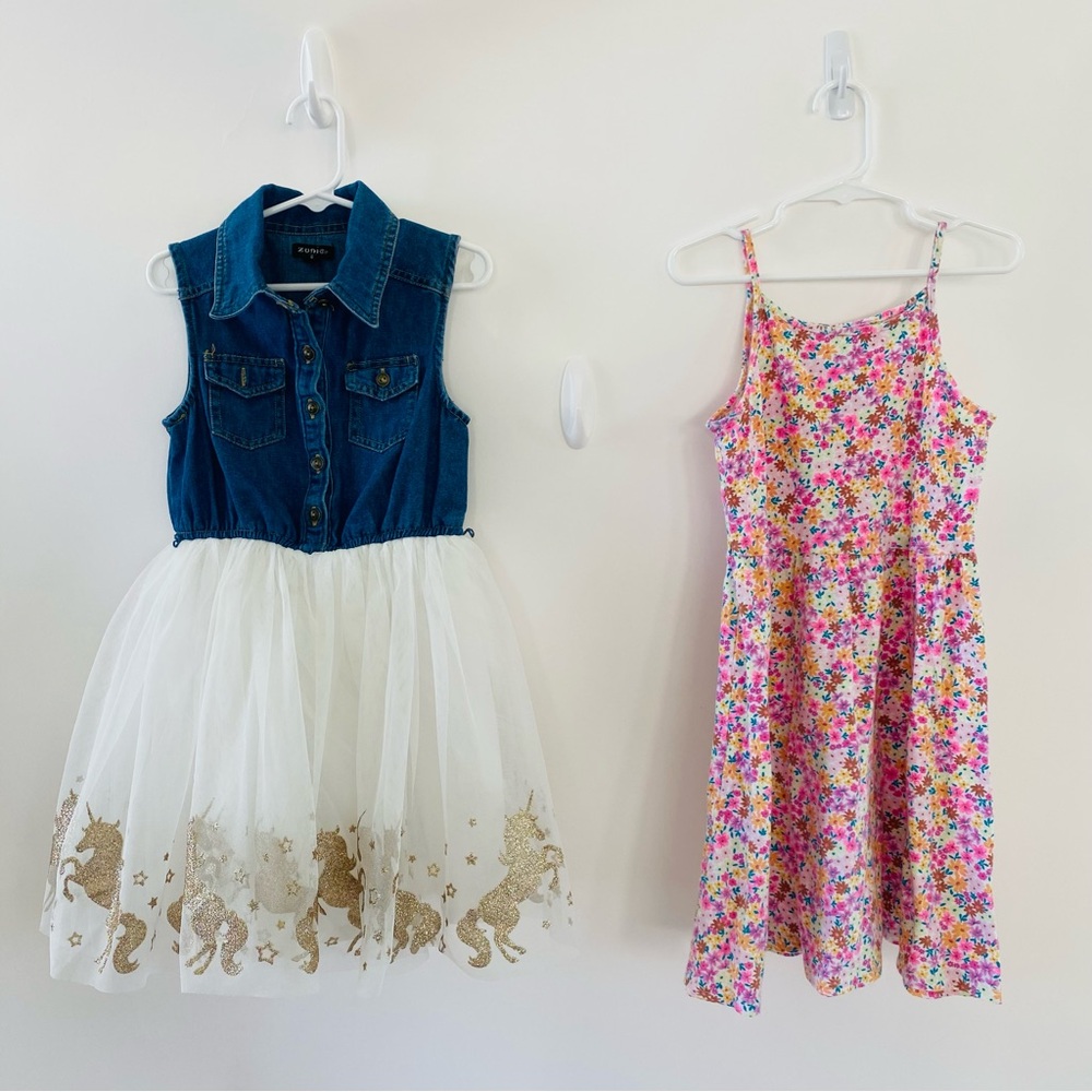 EUC Set of TWO Dresses Kids Zunie Denim Unicorn Glitter & Pink Floral Size 6